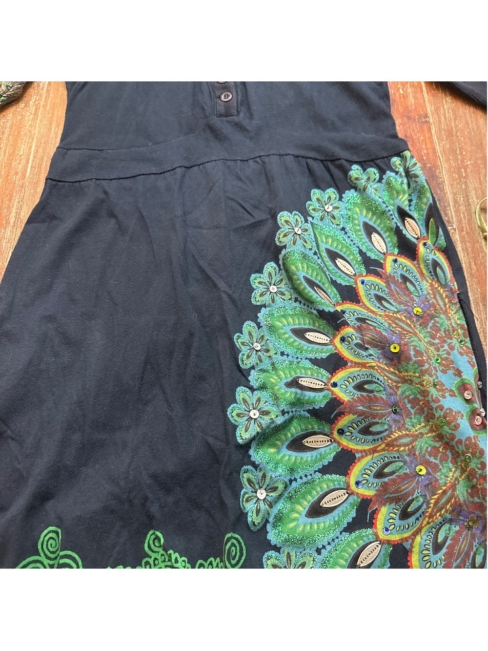 Desigual Navy Mandala Dress Sequin Glitter Mismatched Cuff Size Small - Picture 3 of 13
